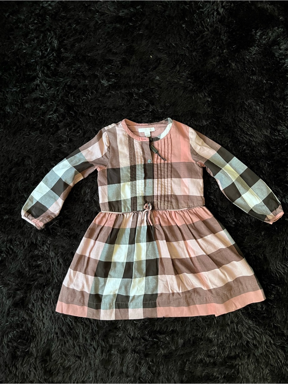 Burberry Girls' Pink Brown Plaid Long-Sleeve Dress Lined New